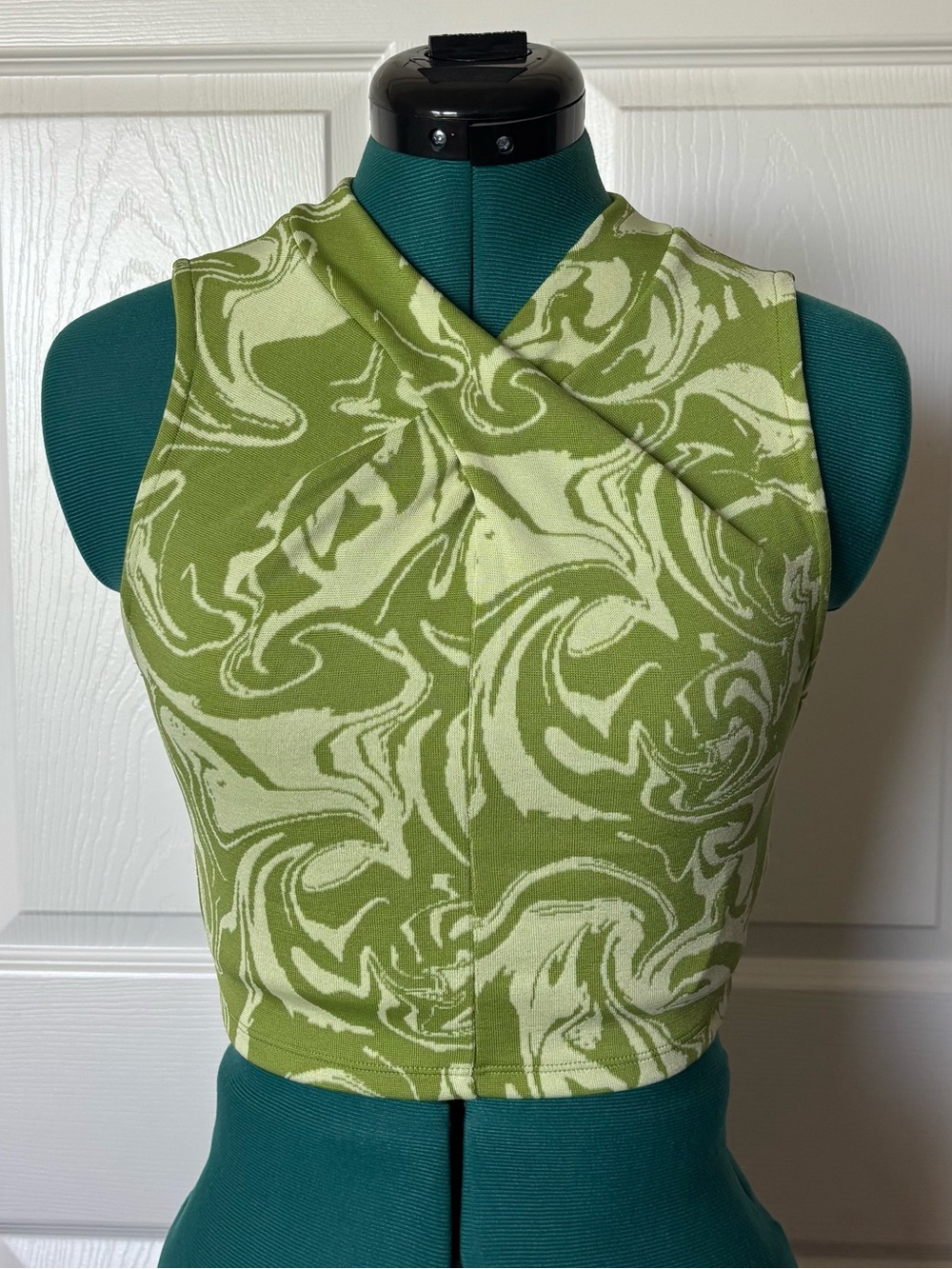 Zara Green Marble-Print Crop Top with Crossed Neckline